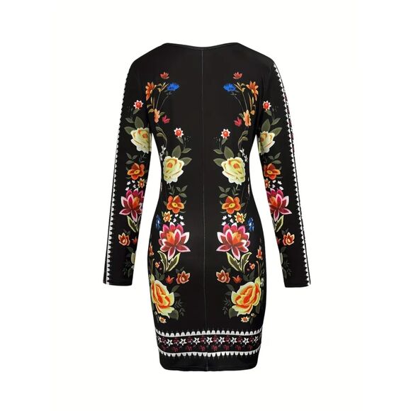 NEW-XL Vintage Floral Print] Autumn Elegance Bodycon Polyester Knit Stretchy - Picture 4 of 6